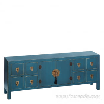Mueble TV Oriente Azul/Oro 8 cajones 2 puertas (130x24x50)